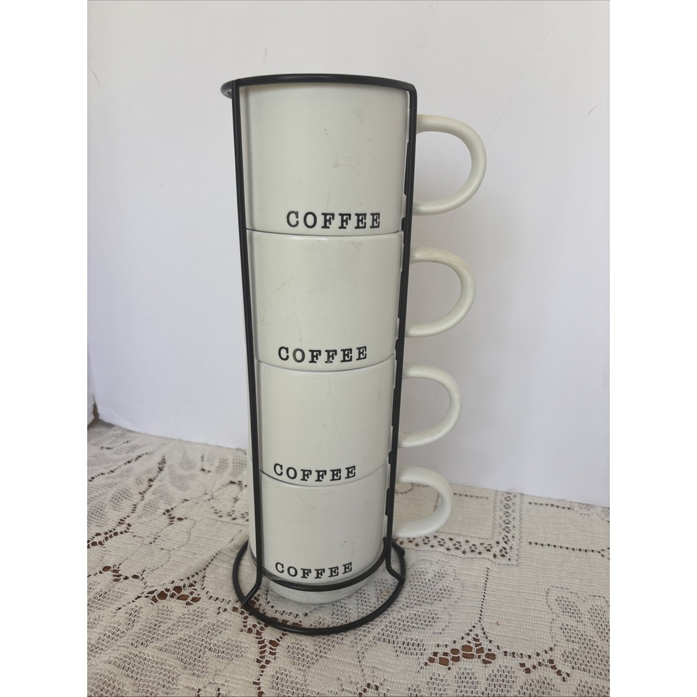 4 Cup 14oz Stackable Tower Mug Set with Metal Stand New Nicole Miller New York